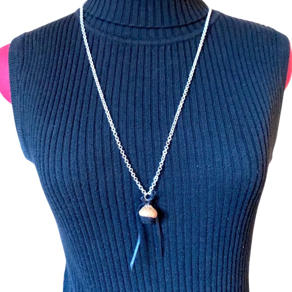 2x25$ 🐿 🍁 CREATION Long necklace - Acorn with Black pompom - silver tone chain